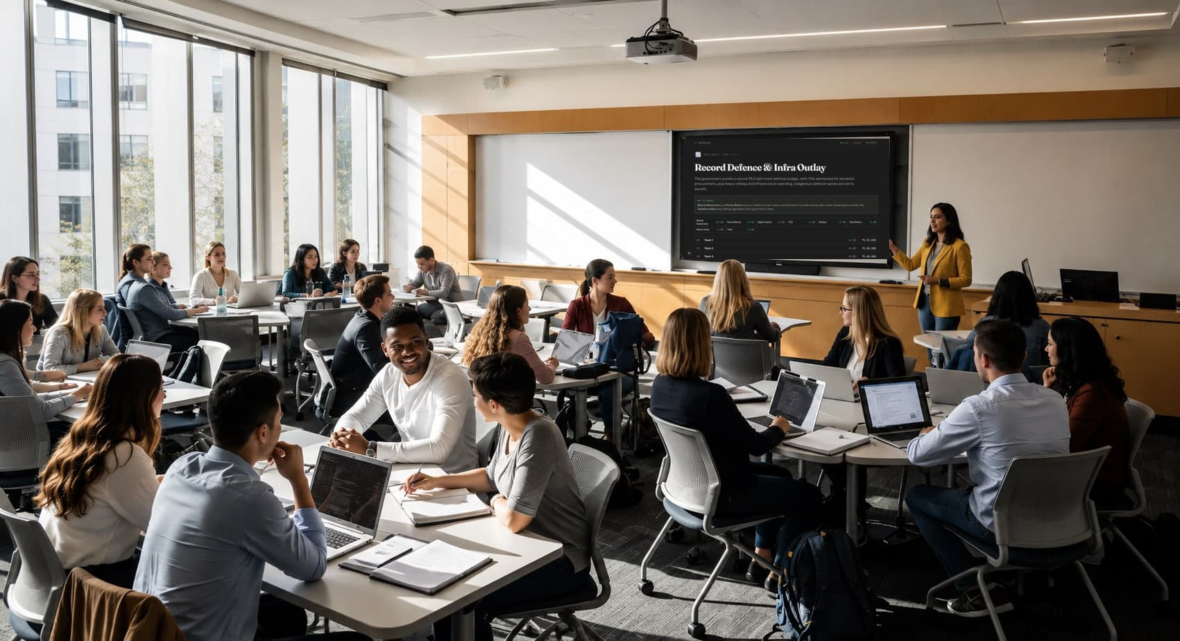 A session running in a classroom, with a Play Period stock market round on the screen at the front and the group following along